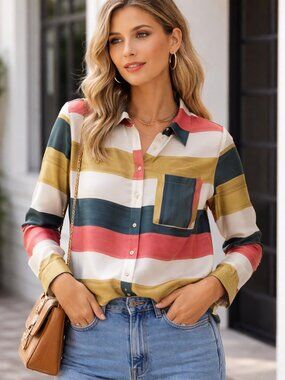 Striped Satin Blouse | Boho Chic Button Front Shirt | Multi Colour Silky Top